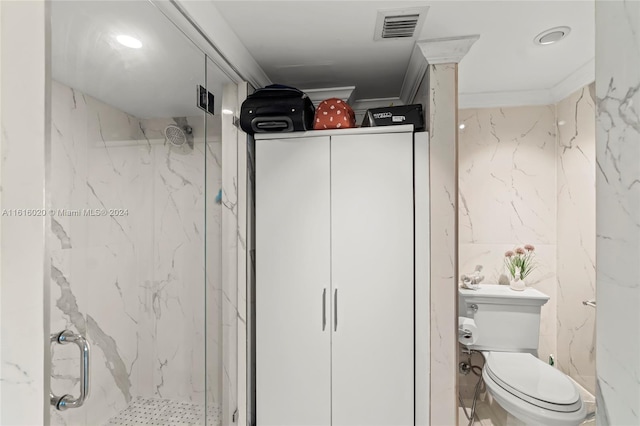 bathroom featuring walk in shower, ornamental molding, and toilet