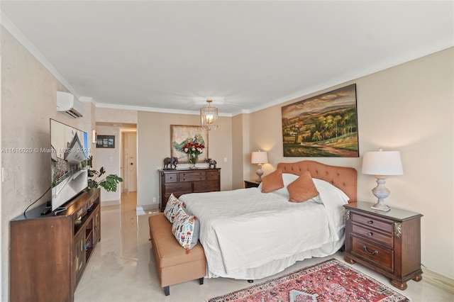 bedroom featuring an AC wall unit, crown molding, and a notable chandelier