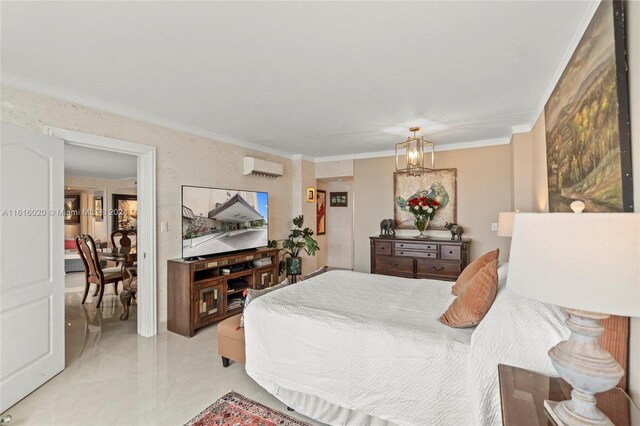 tiled bedroom featuring a wall mounted air conditioner and crown molding