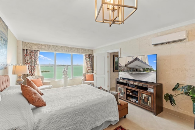 bedroom featuring an AC wall unit, a water view, a chandelier, and ornamental molding