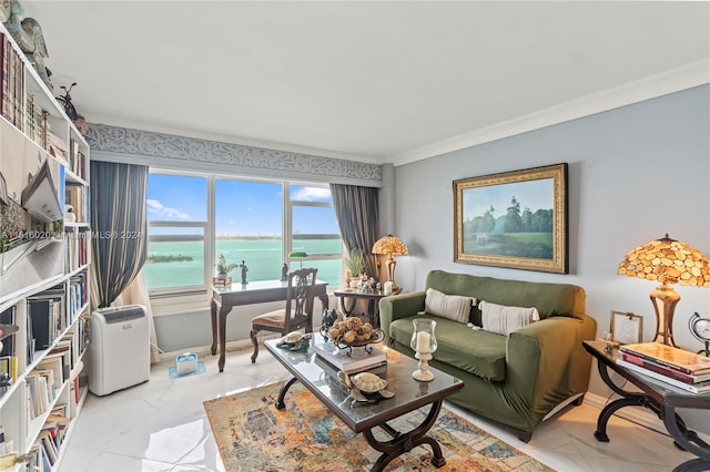 living room featuring crown molding and a water view