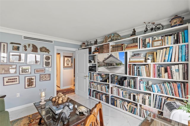 living area featuring crown molding