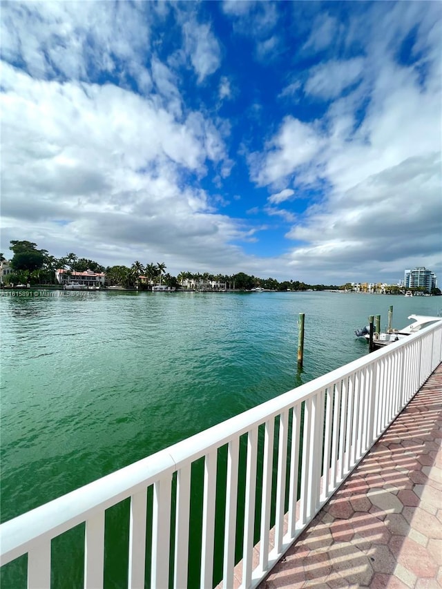 view of water feature with a dock