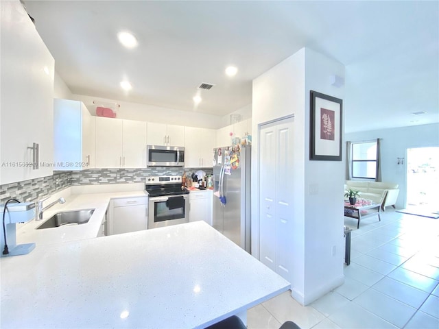 kitchen with decorative backsplash, appliances with stainless steel finishes, a sink, a peninsula, and white cabinetry