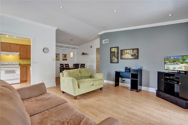 living room featuring crown molding, light wood-type flooring, and lofted ceiling