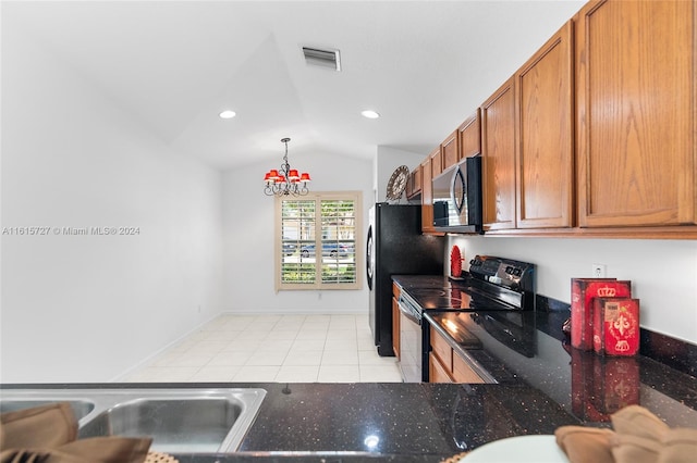 kitchen with hanging light fixtures, light tile patterned floors, black range with electric cooktop, and vaulted ceiling