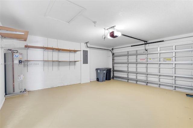 garage with electric panel, a garage door opener, and water heater