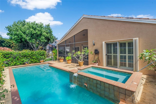 view of swimming pool featuring an in ground hot tub and glass enclosure