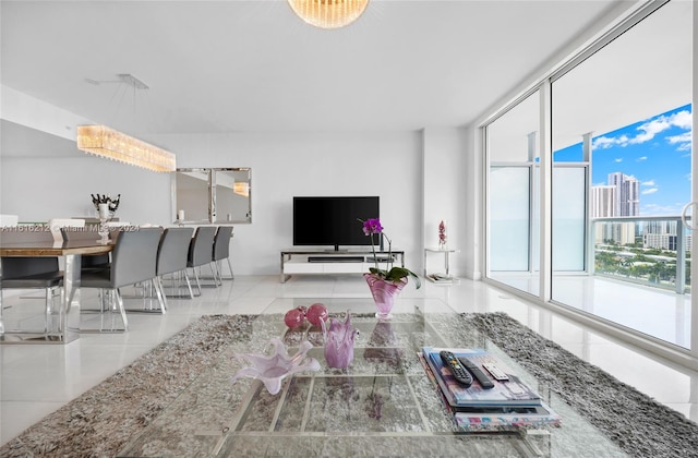 tiled living room with a wall of windows