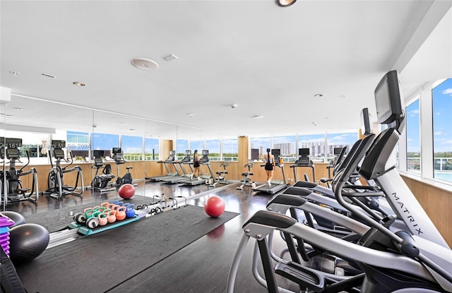 gym with floor to ceiling windows and dark hardwood / wood-style floors