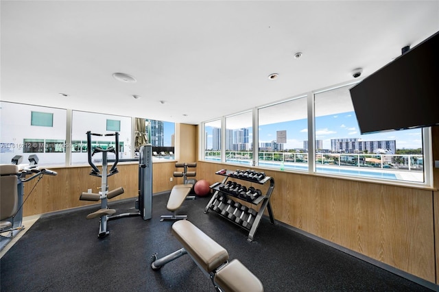 exercise room featuring wooden walls