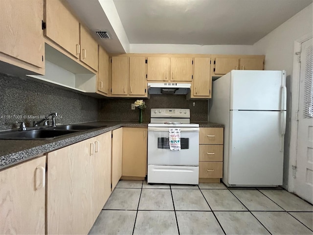 kitchen featuring light brown cabinets, light tile patterned floors, sink, white appliances, and backsplash