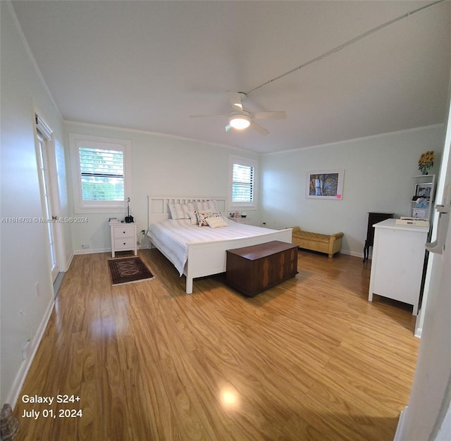 bedroom with multiple windows, light wood-type flooring, and ceiling fan