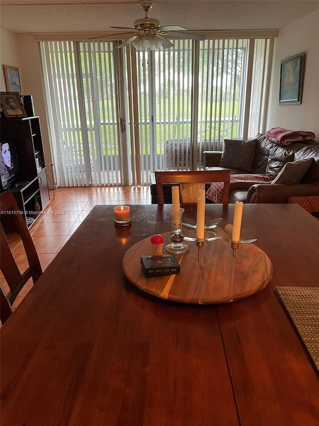 interior space with tile patterned floors and ceiling fan