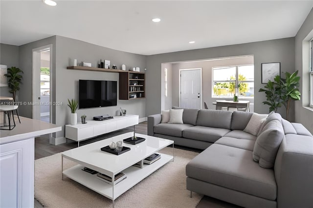 living room with dark wood-type flooring