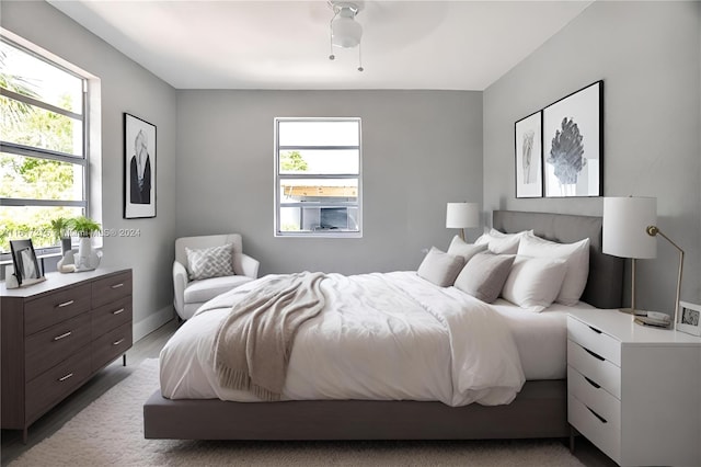 bedroom with multiple windows and ceiling fan