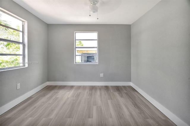 empty room with light hardwood / wood-style flooring, a wealth of natural light, and ceiling fan