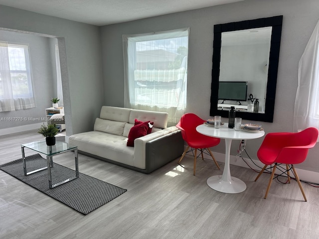 living room with light hardwood / wood-style flooring and a textured ceiling