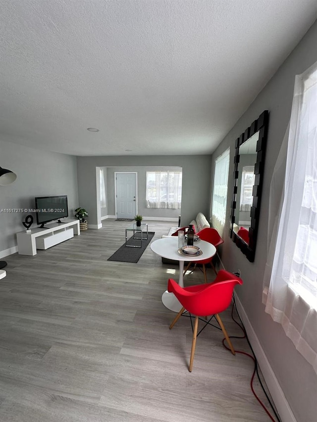 dining room featuring wood-type flooring and a textured ceiling