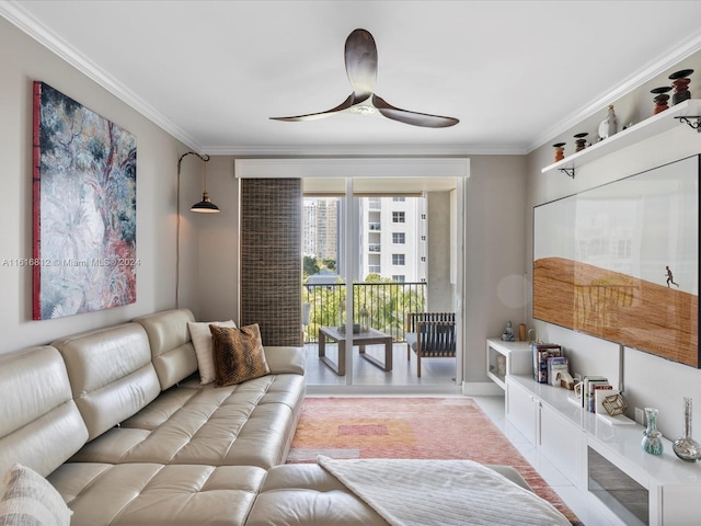 living room featuring ceiling fan and ornamental molding