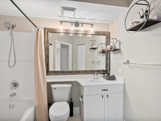 full bathroom featuring vanity, shower / bath combination with curtain, and toilet