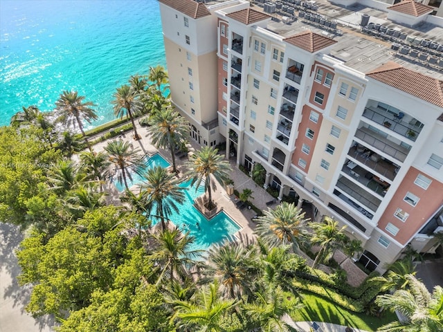 aerial view featuring a water view