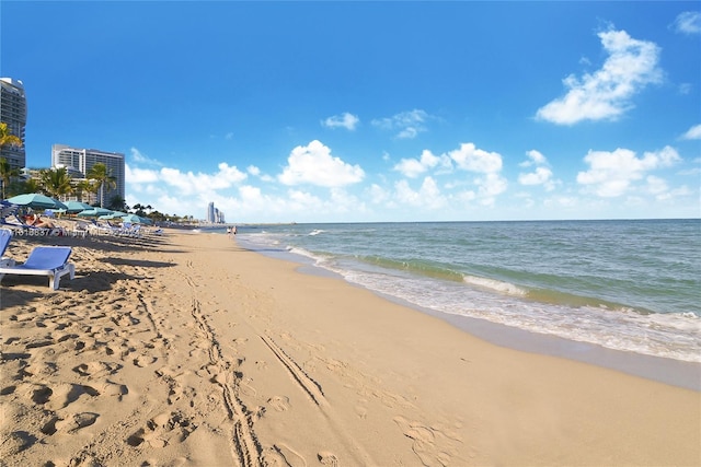 view of water feature with a beach view