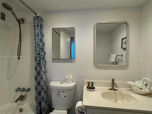 bathroom with toilet, shower / tub combo, visible vents, and vanity