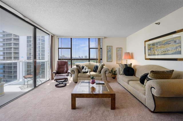 carpeted living room featuring a textured ceiling, a wall of windows, and a wealth of natural light