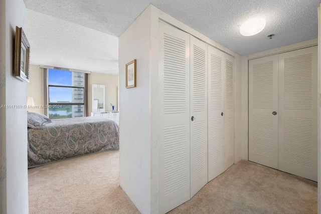 carpeted bedroom featuring a water view, a textured ceiling, and two closets