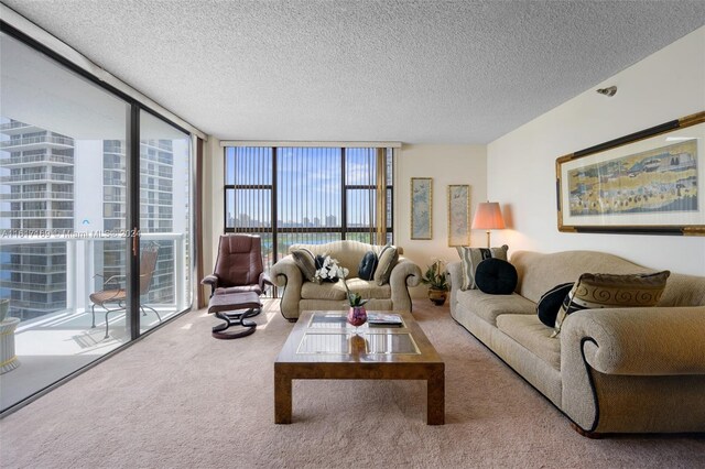 living room with expansive windows, a healthy amount of sunlight, and a textured ceiling