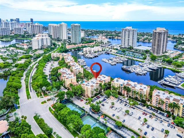 aerial view featuring a water view