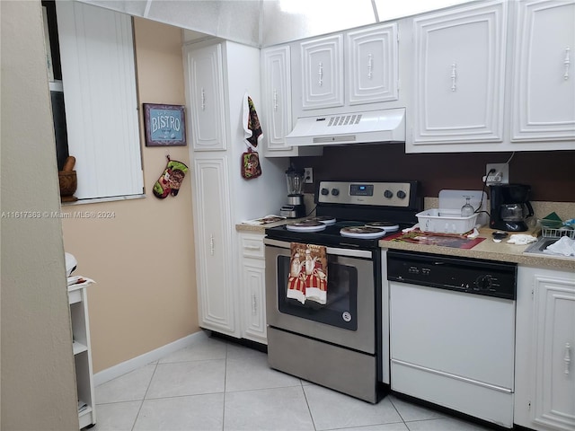 kitchen featuring stainless steel electric range, white cabinets, white dishwasher, and light tile patterned floors