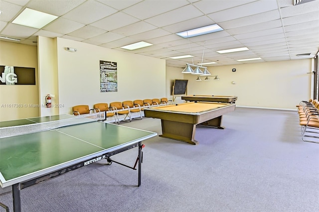 recreation room featuring a paneled ceiling, carpet, and billiards