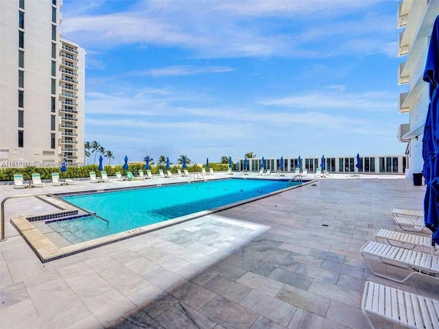 view of swimming pool with a patio area