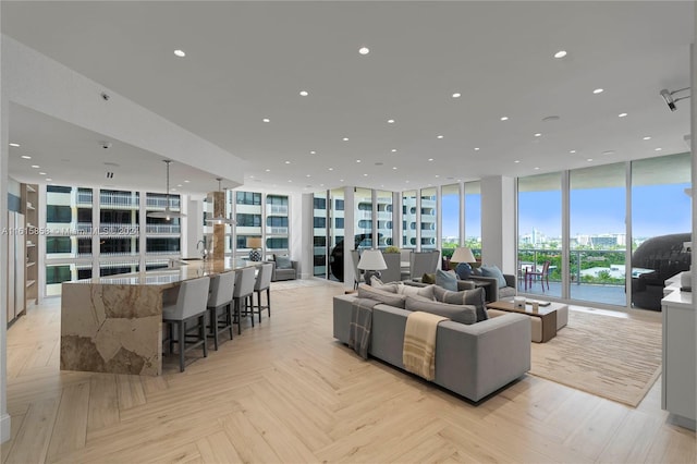 living room featuring light parquet flooring, sink, and expansive windows