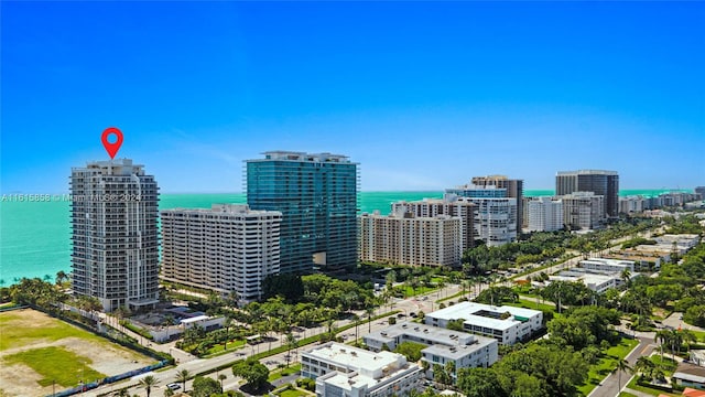 bird's eye view with a water view