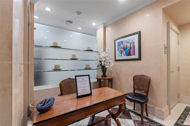 tiled office space featuring ornamental molding