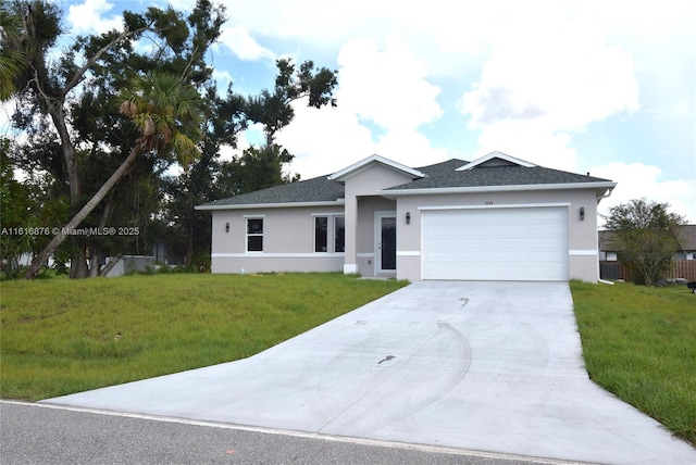 single story home featuring a front yard and a garage