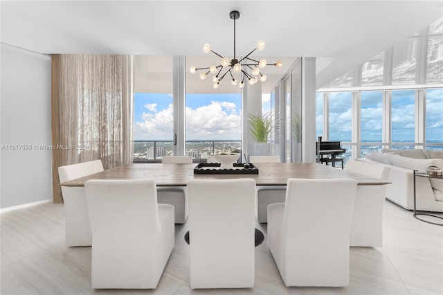 dining area with an inviting chandelier, light tile patterned flooring, and floor to ceiling windows