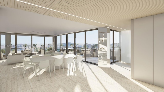 interior space featuring wood ceiling and floor to ceiling windows