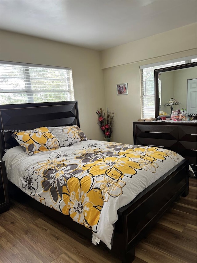 bedroom featuring dark hardwood / wood-style flooring and multiple windows