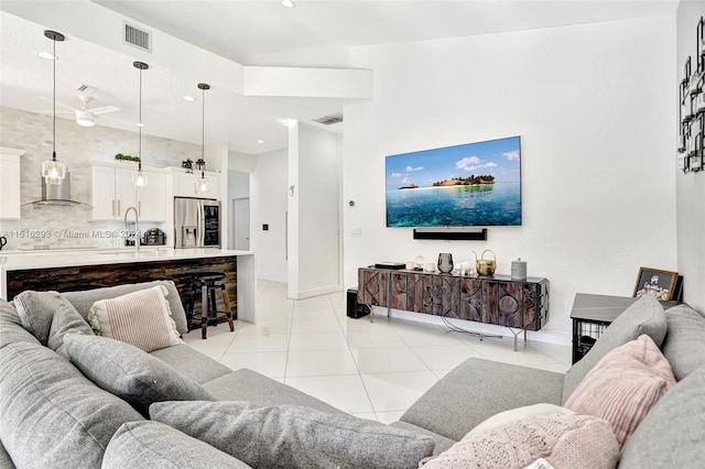 tiled living room with sink