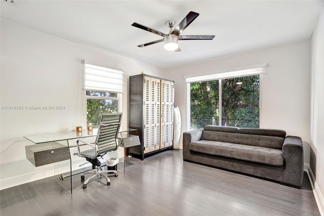 office space featuring ceiling fan and wood-type flooring