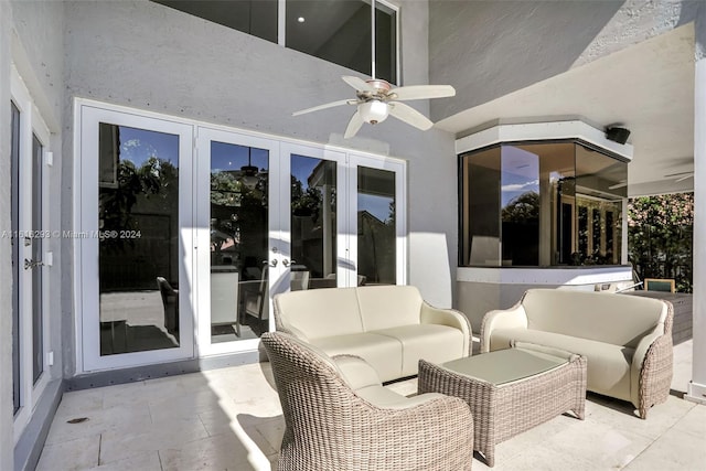 exterior space featuring ceiling fan, french doors, and an outdoor hangout area