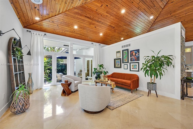 living room with french doors, high vaulted ceiling, and wooden ceiling