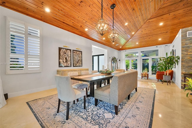 dining room with a chandelier, high vaulted ceiling, and wooden ceiling