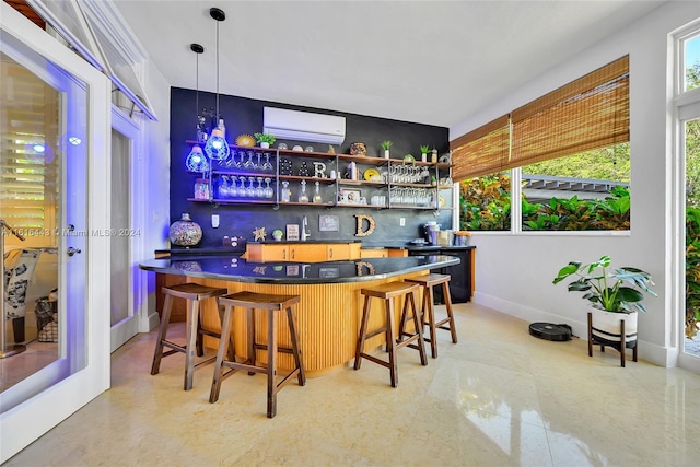 bar with a wall mounted air conditioner, decorative backsplash, decorative light fixtures, and a wealth of natural light