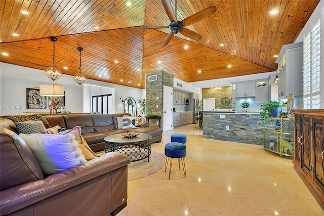 living room with ceiling fan, wood ceiling, and high vaulted ceiling