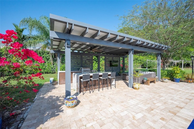 view of patio with area for grilling, an outdoor bar, and ceiling fan